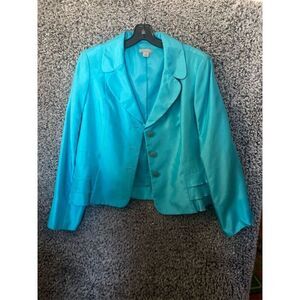 Kim Rogers Women's Open Front Blazer M Blue Watercolor Ruffle Jacket